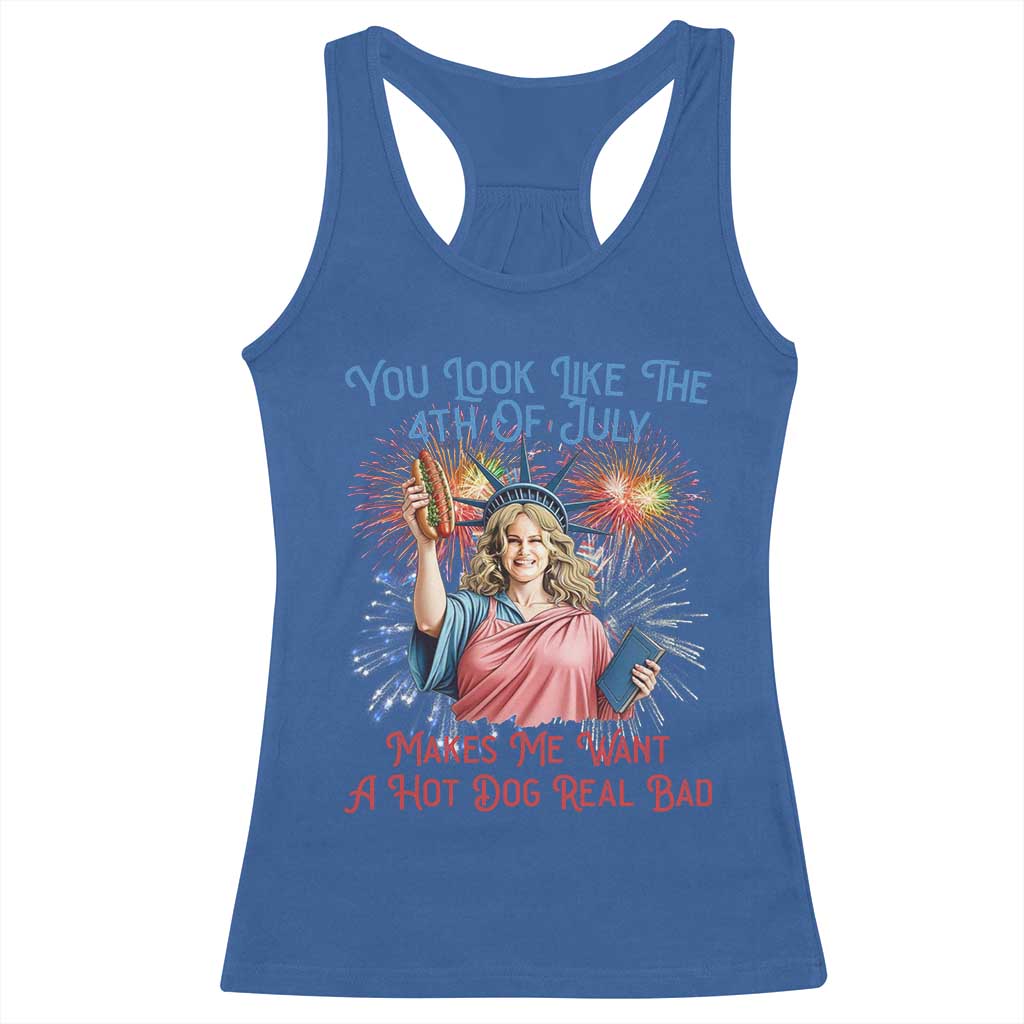 You Look Like The 4th Of July Makes Me Want A Hot Dog Real Bad Racerback Tank Top Funny 4th July Hot Dog Meme - Wonder Print Shop
