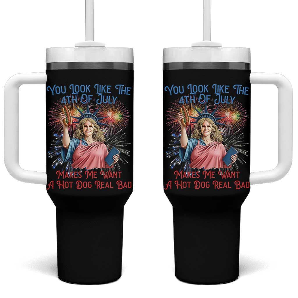 You Look Like The 4th Of July Makes Me Want A Hot Dog Real Bad Tumbler With Handle Funny 4th July Hot Dog Meme - Wonder Print Shop