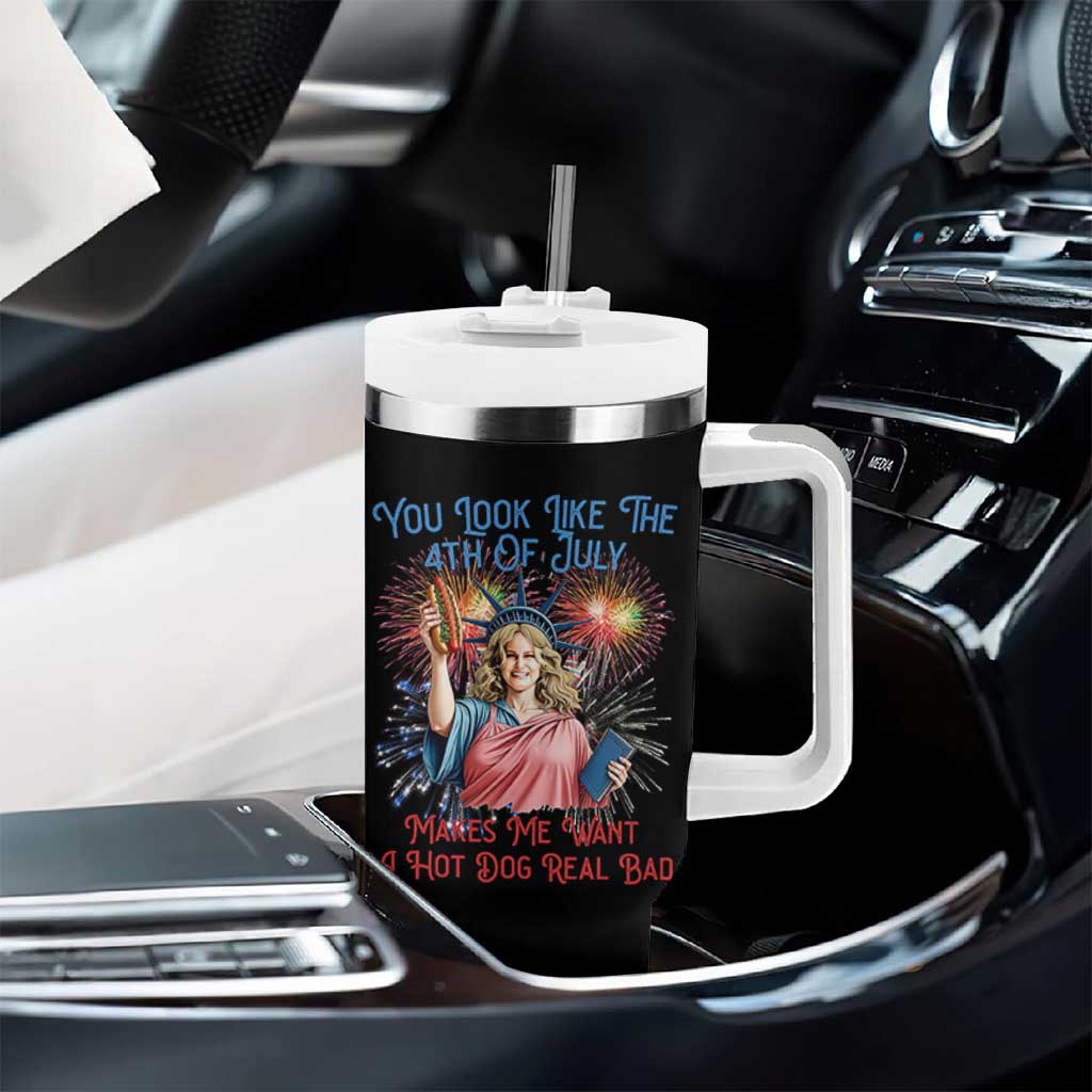 You Look Like The 4th Of July Makes Me Want A Hot Dog Real Bad Tumbler With Handle Funny 4th July Hot Dog Meme - Wonder Print Shop