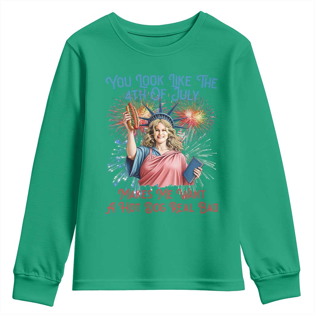 You Look Like The 4th Of July Makes Me Want A Hot Dog Real Bad Youth Sweatshirt Funny 4th July Hot Dog Meme - Wonder Print Shop