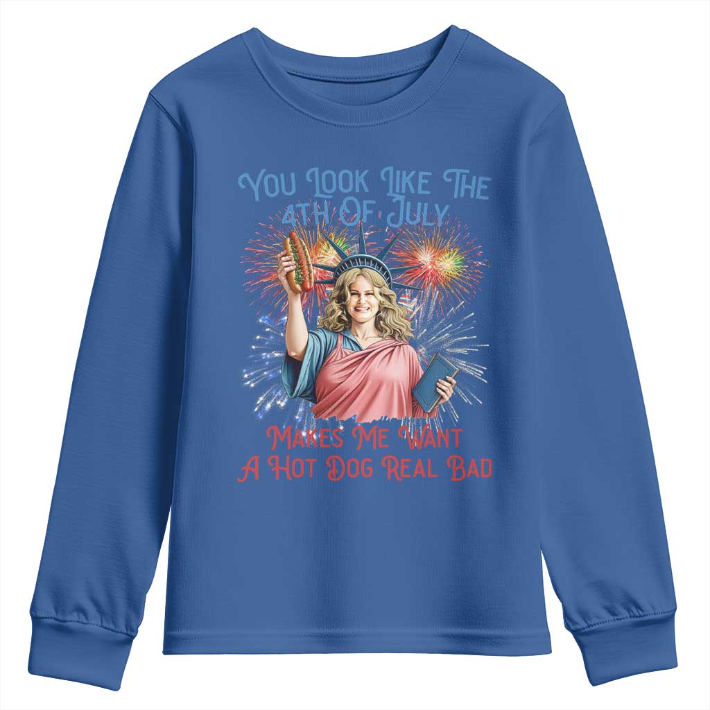 You Look Like The 4th Of July Makes Me Want A Hot Dog Real Bad Youth Sweatshirt Funny 4th July Hot Dog Meme - Wonder Print Shop