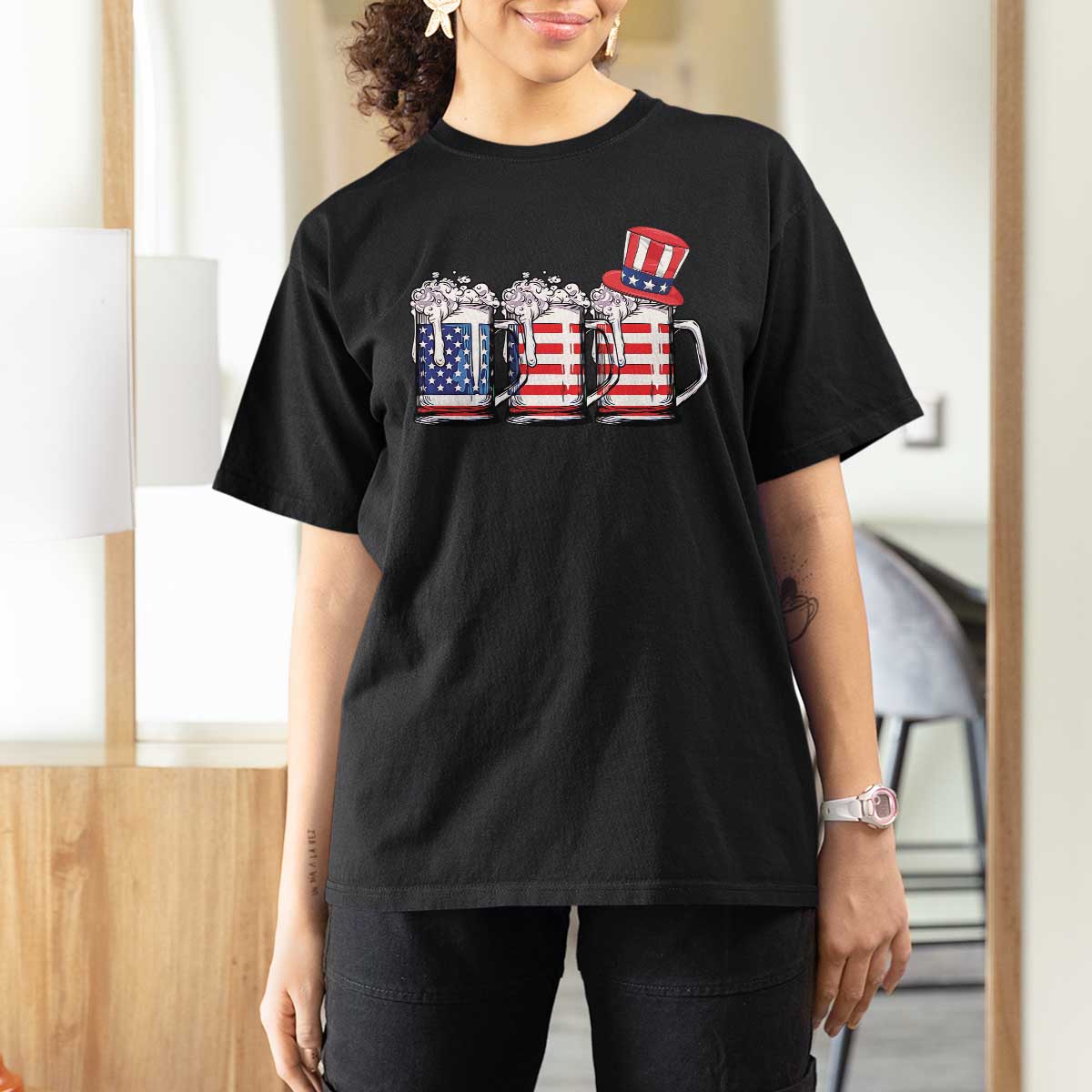 Beer American Flag 4th of July T Shirt For Women Merica Drinking USA - Wonder Print Shop
