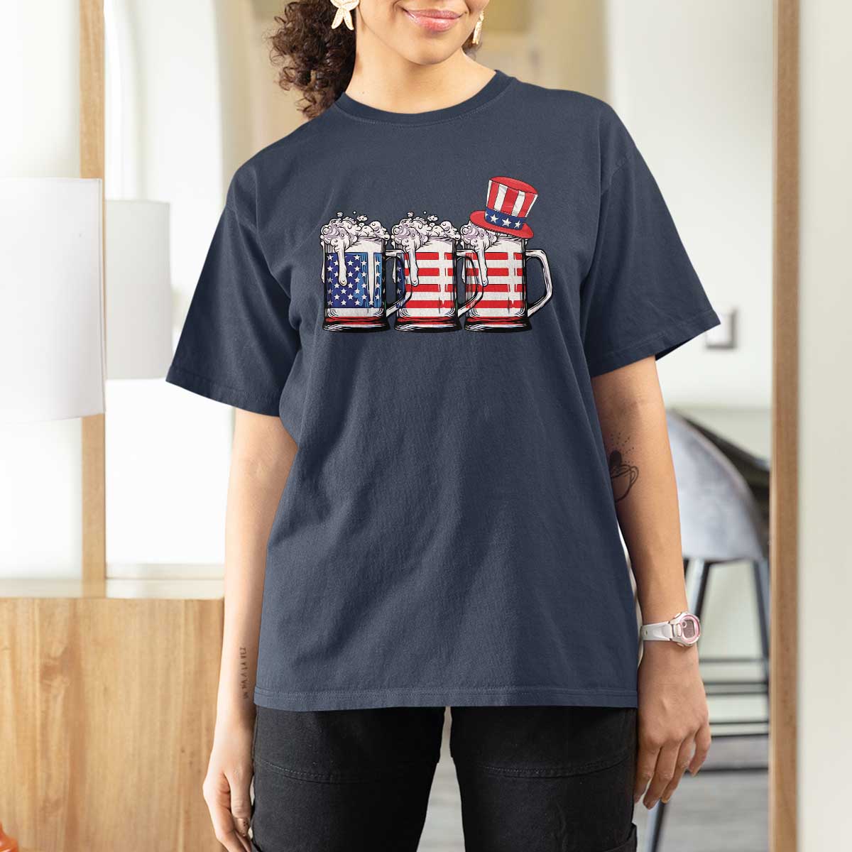 Beer American Flag 4th of July T Shirt For Women Merica Drinking USA - Wonder Print Shop