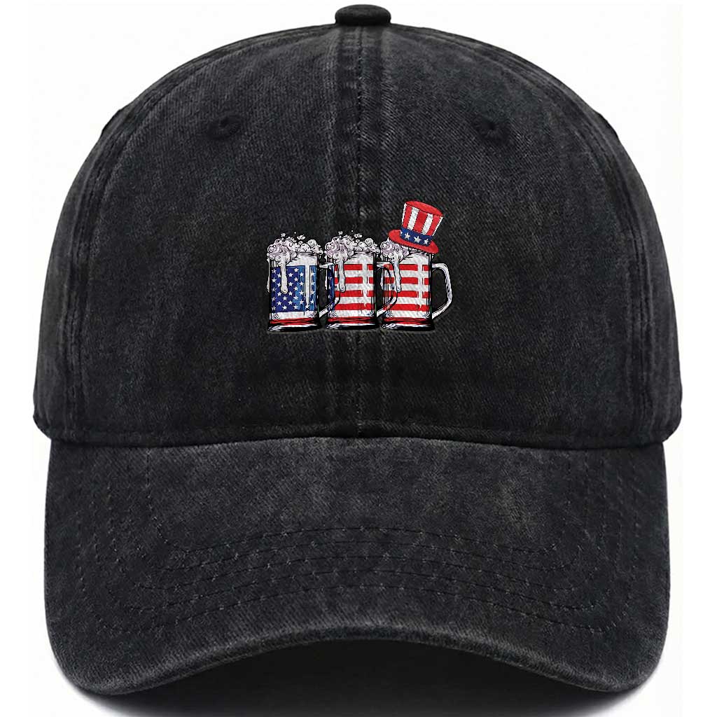 Beer American Flag 4th of July Washed Cotton Baseball Cap Merica Drinking USA