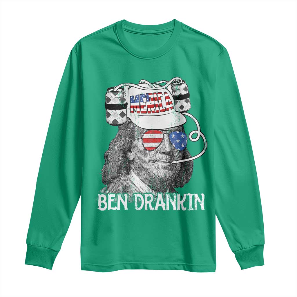 4th of July Ben Drankin Long Sleeve Shirt Funny Benjamin Franklin USA Flag - Wonder Print Shop