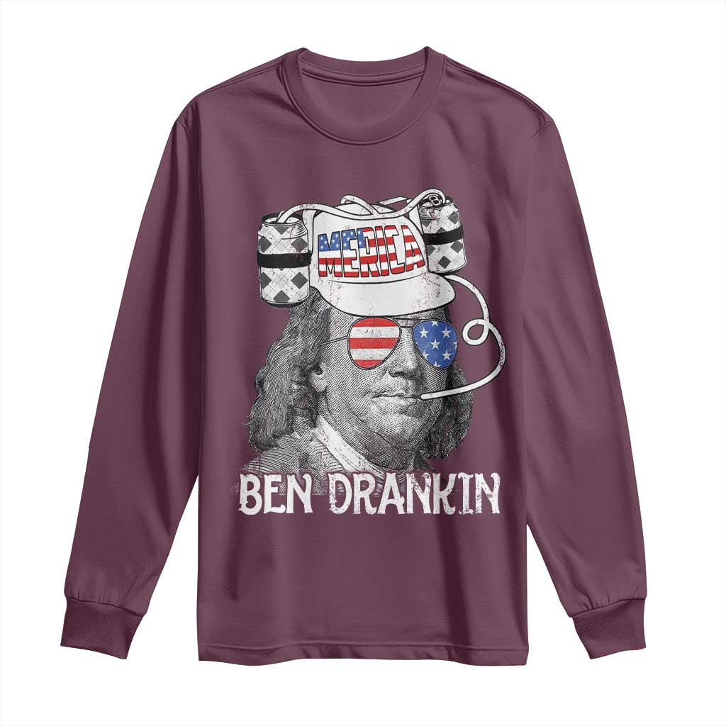 4th of July Ben Drankin Long Sleeve Shirt Funny Benjamin Franklin USA Flag - Wonder Print Shop