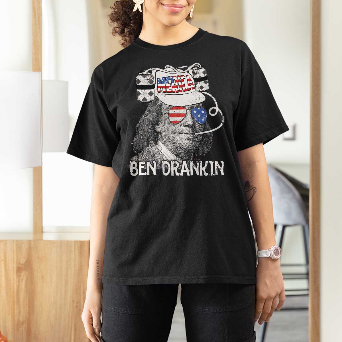 4th of July Ben Drankin T Shirt For Women Funny Benjamin Franklin USA Flag - Wonder Print Shop