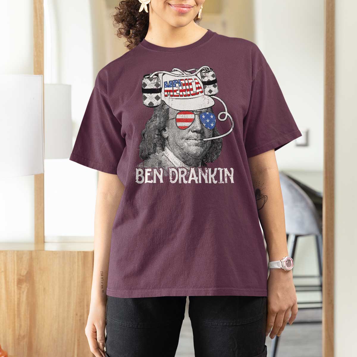 4th of July Ben Drankin T Shirt For Women Funny Benjamin Franklin USA Flag - Wonder Print Shop
