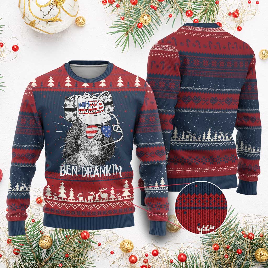 4th of July Ben Drankin Knitted Sweatshirt Funny Benjamin Franklin USA Flag - Wonder Print Shop