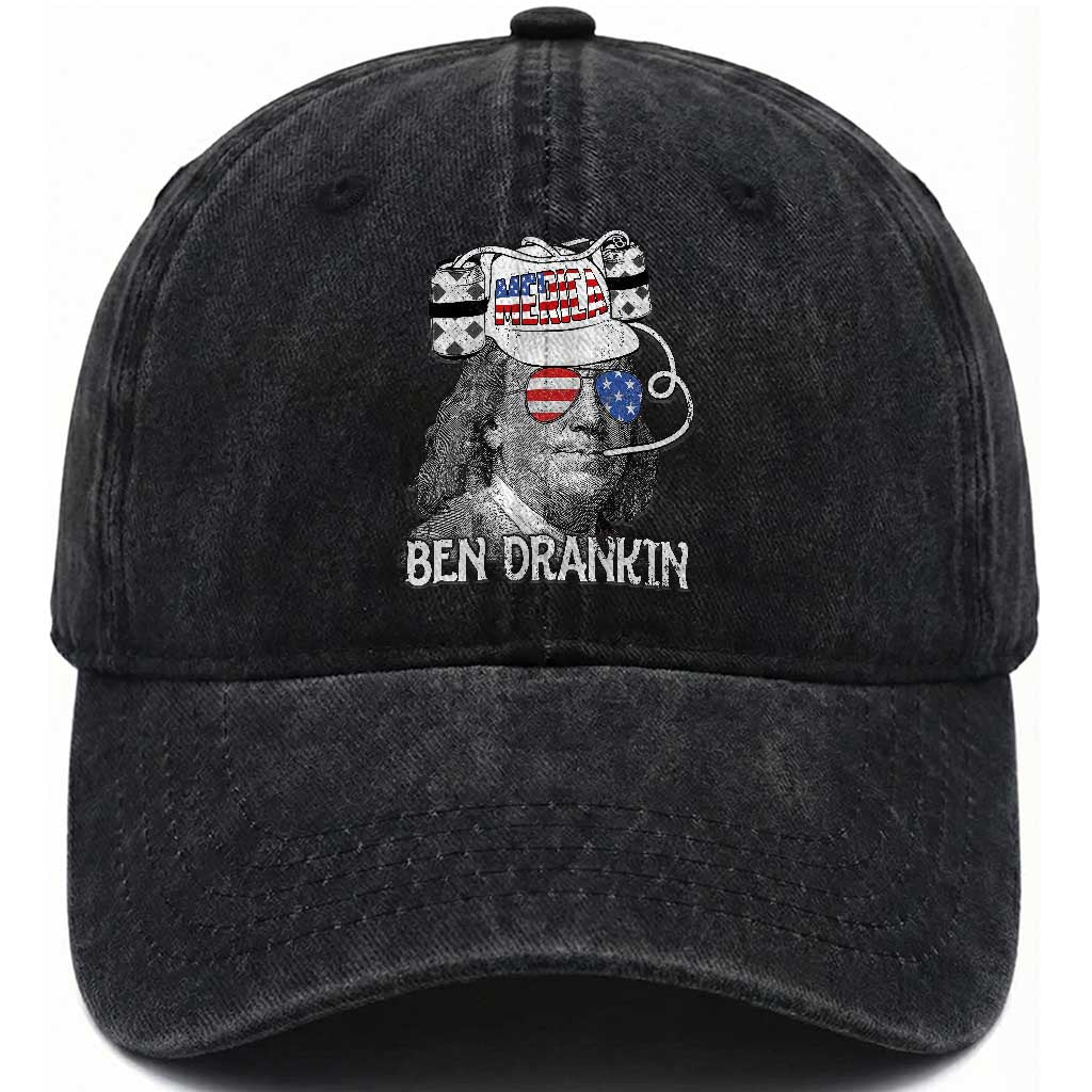 4th of July Ben Drankin Washed Cotton Baseball Cap Funny Benjamin Franklin USA Flag