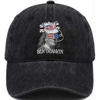 4th of July Ben Drankin Washed Cotton Baseball Cap Funny Benjamin Franklin USA Flag
