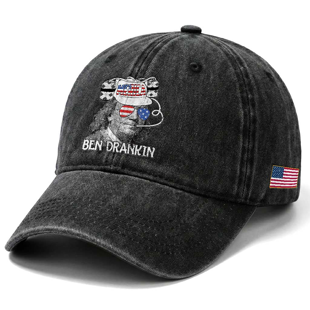 4th of July Ben Drankin Washed Cotton Baseball Cap Funny Benjamin Franklin USA Flag