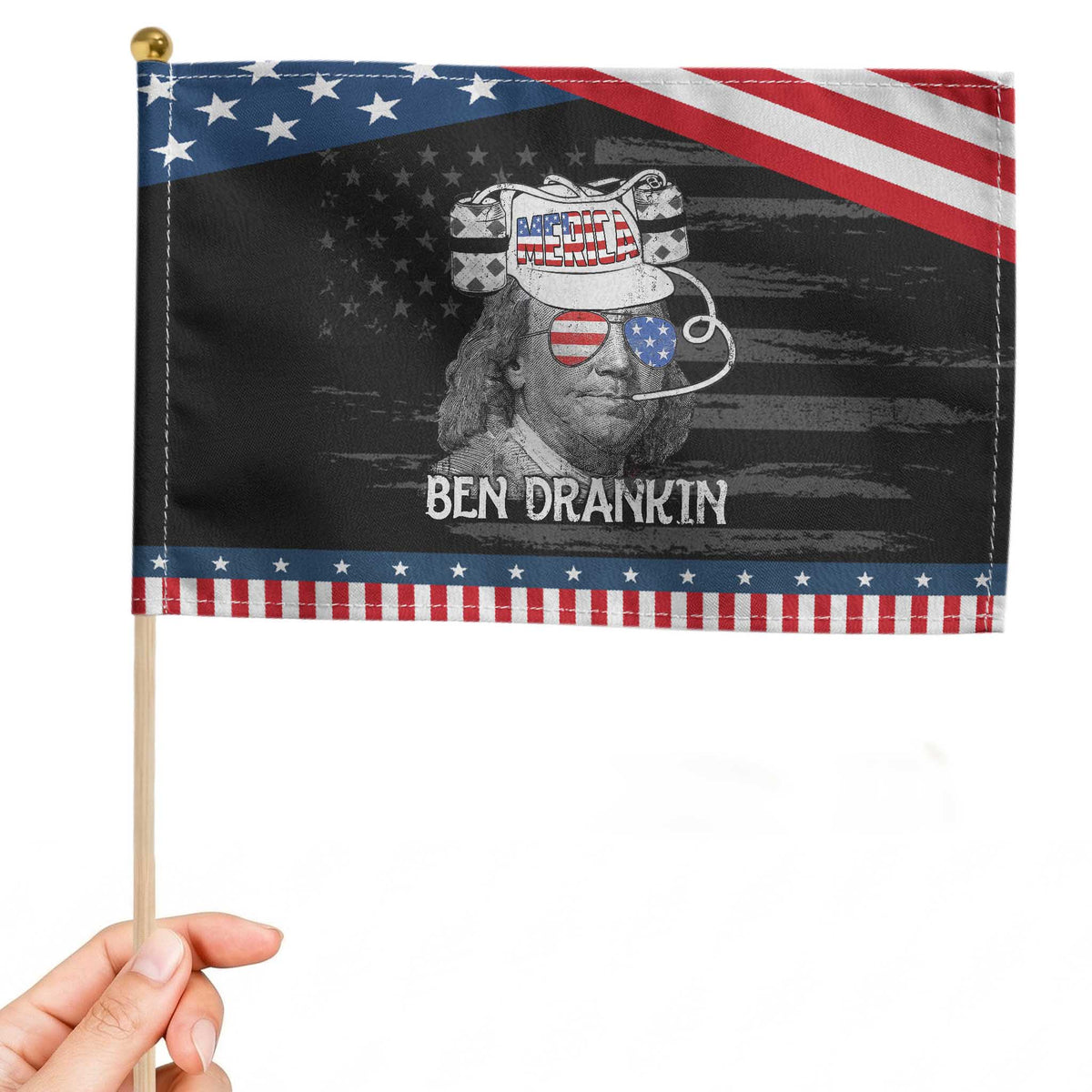 4th of July Ben Drankin Patriotic Handheld Flag Funny Benjamin Franklin USA Flag