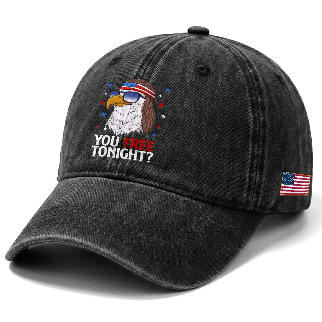 Funny 4th of July Washed Cotton Baseball Cap Patriotic Bald Eagle You Free Tonight