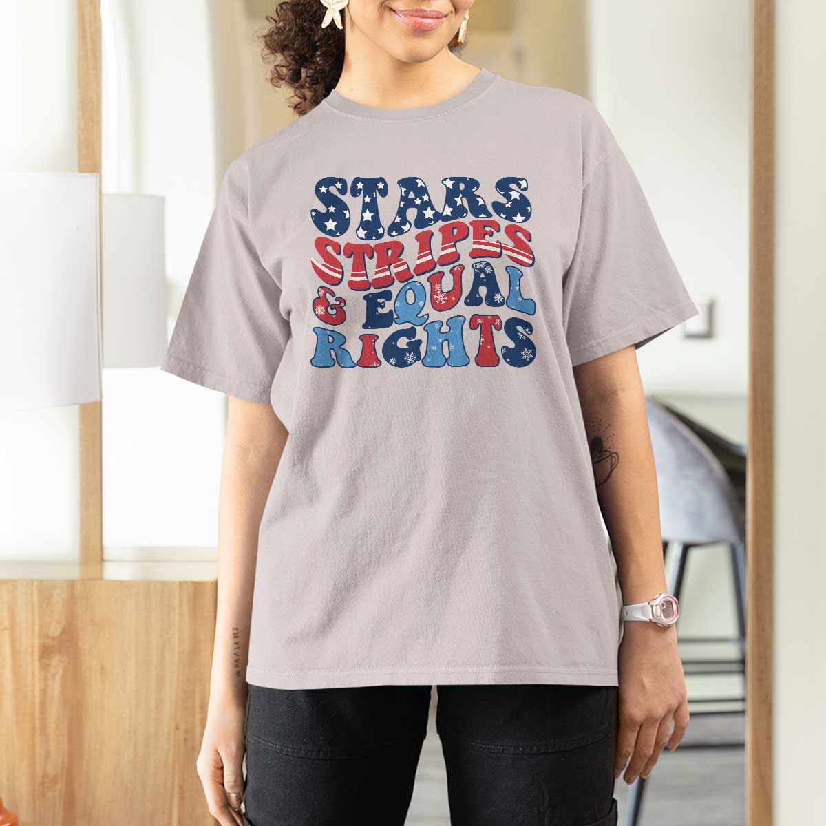 Stars Stripes And Equal Rights T Shirt For Women Groovy Retro 4th Of July - Wonder Print Shop