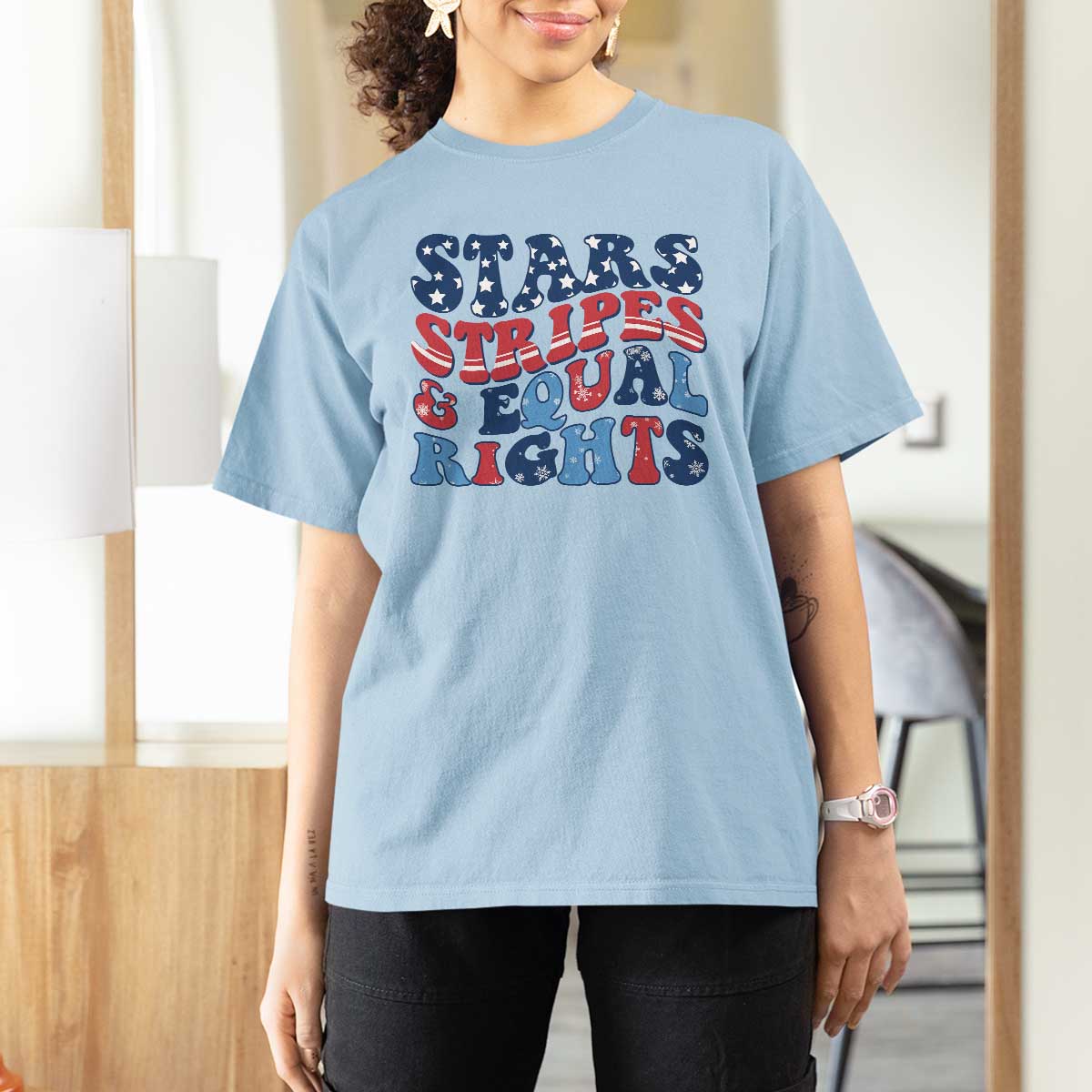 Stars Stripes And Equal Rights T Shirt For Women Groovy Retro 4th Of July - Wonder Print Shop
