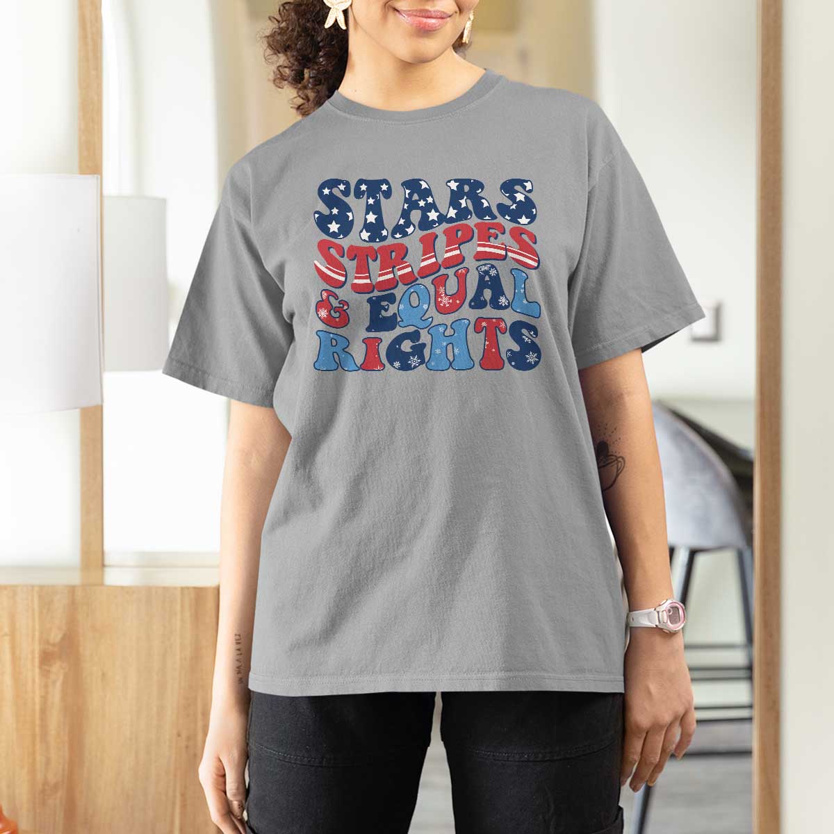 Stars Stripes And Equal Rights T Shirt For Women Groovy Retro 4th Of July - Wonder Print Shop