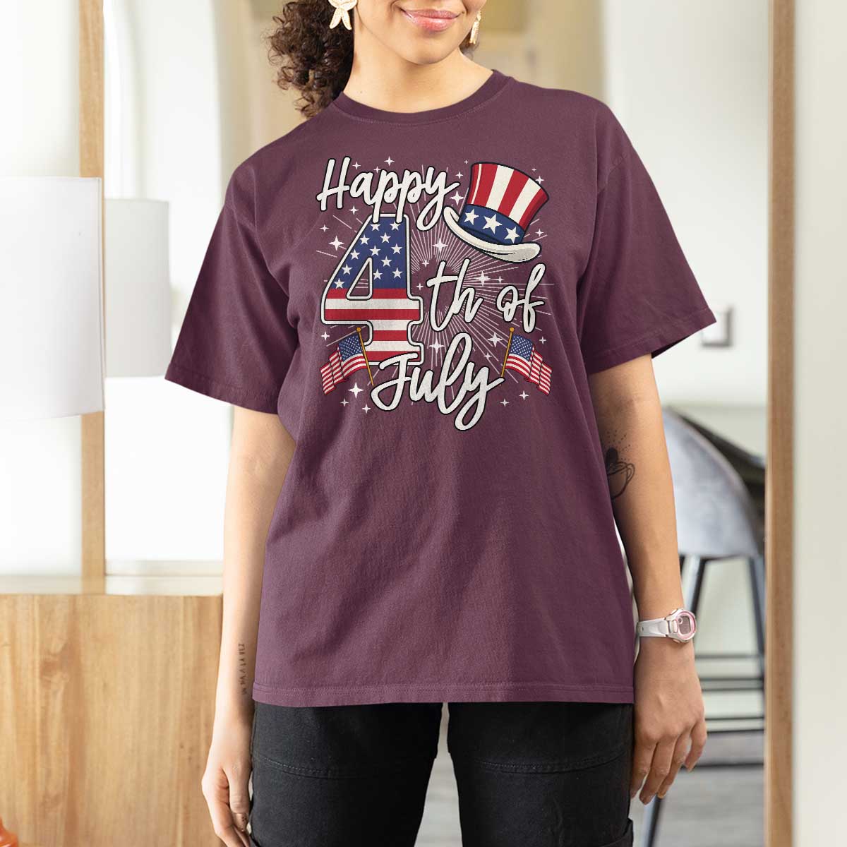 Happy 4th Of July T Shirt For Women Patriotic American Flag USA - Wonder Print Shop