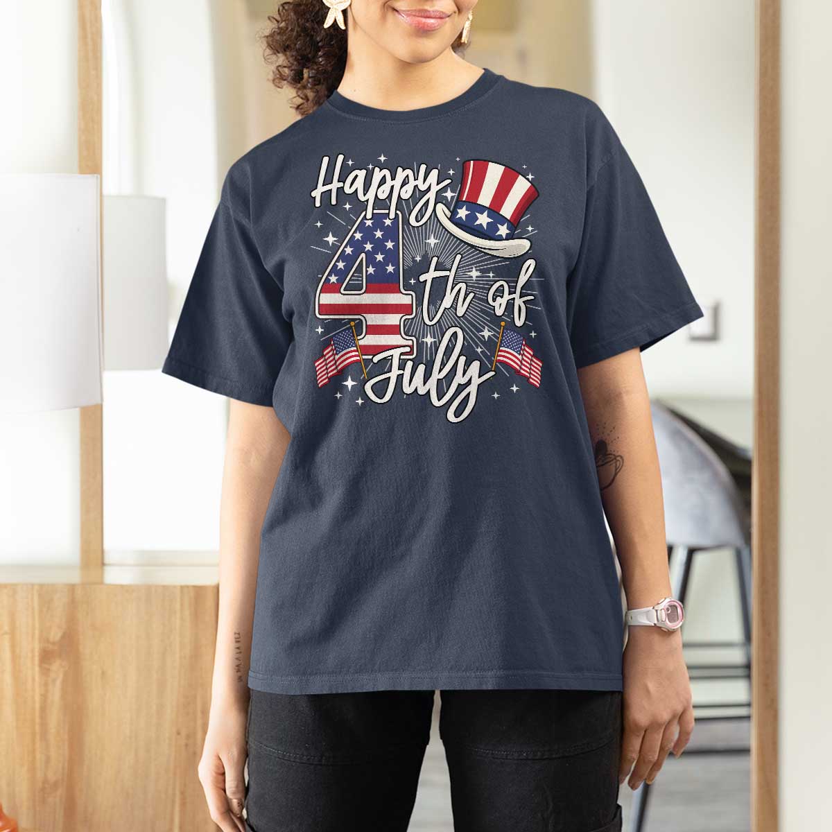 Happy 4th Of July T Shirt For Women Patriotic American Flag USA - Wonder Print Shop