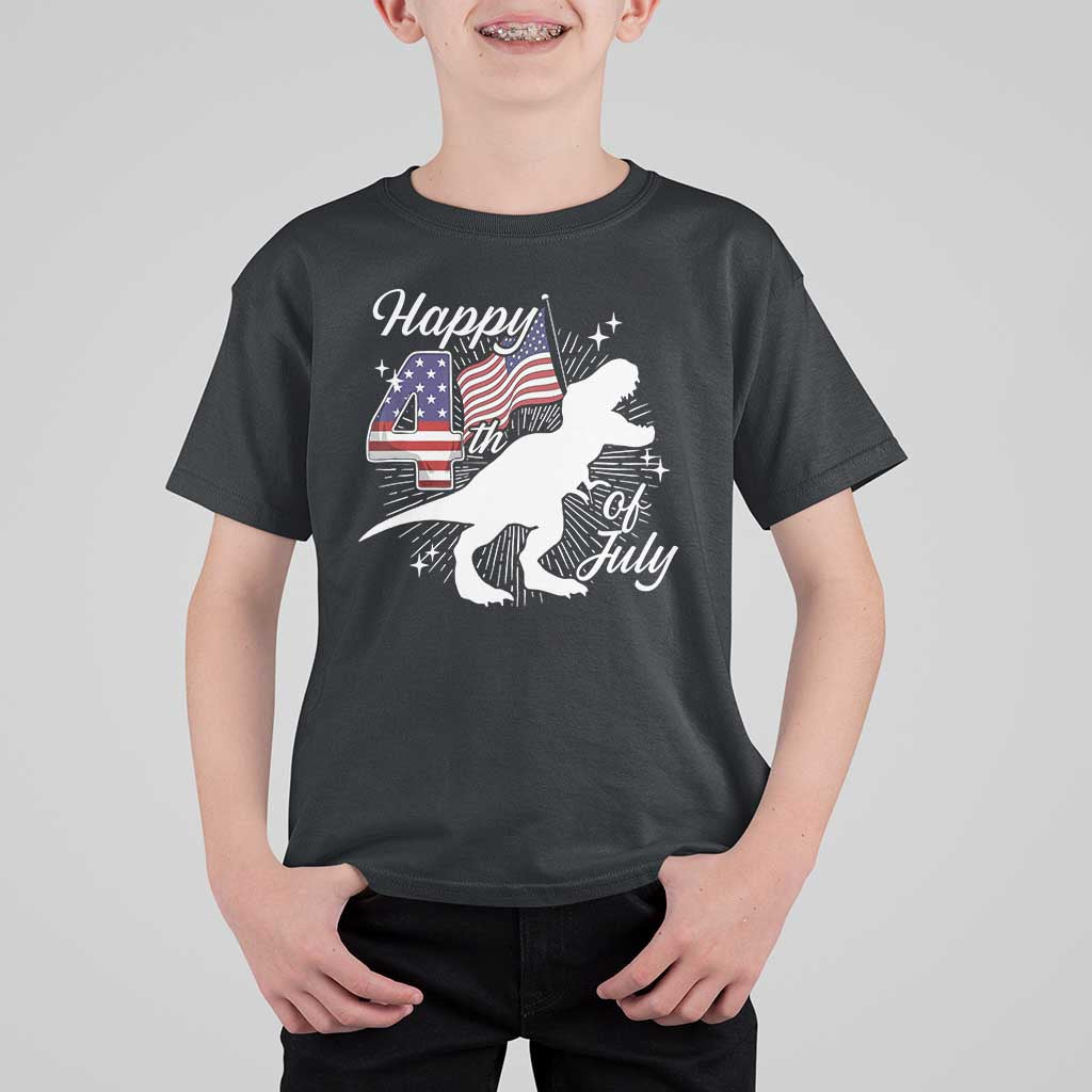 Dinosaur Happy 4th of July T Shirt For Kid Patriotic American Flag USA - Wonder Print Shop