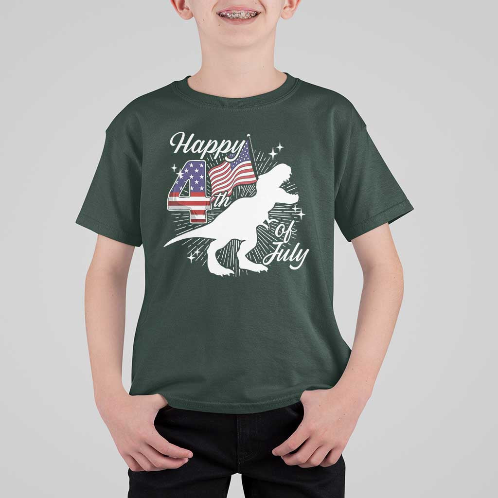 Dinosaur Happy 4th of July T Shirt For Kid Patriotic American Flag USA - Wonder Print Shop