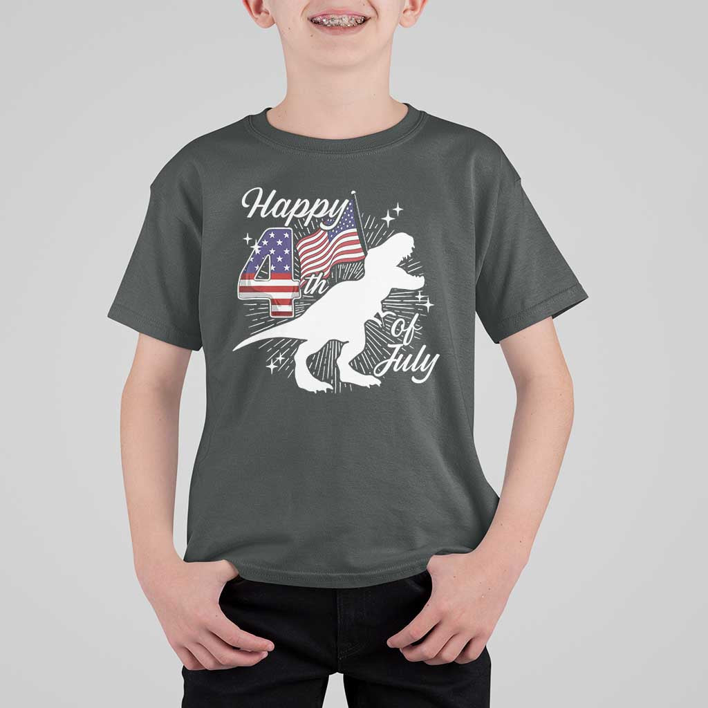 Dinosaur Happy 4th of July T Shirt For Kid Patriotic American Flag USA - Wonder Print Shop