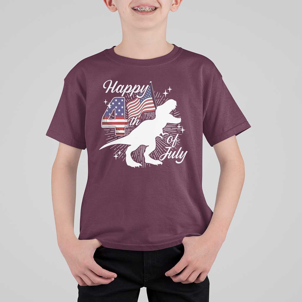 Dinosaur Happy 4th of July T Shirt For Kid Patriotic American Flag USA - Wonder Print Shop
