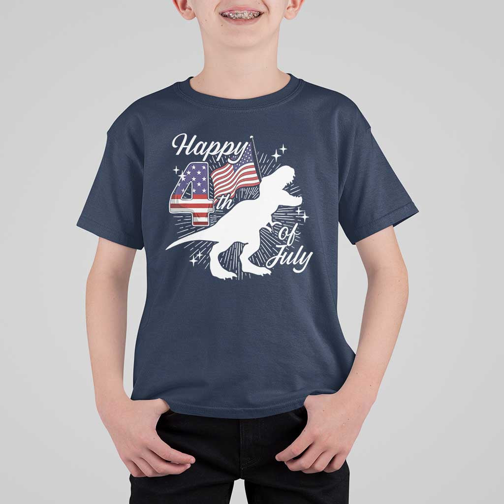 Dinosaur Happy 4th of July T Shirt For Kid Patriotic American Flag USA - Wonder Print Shop