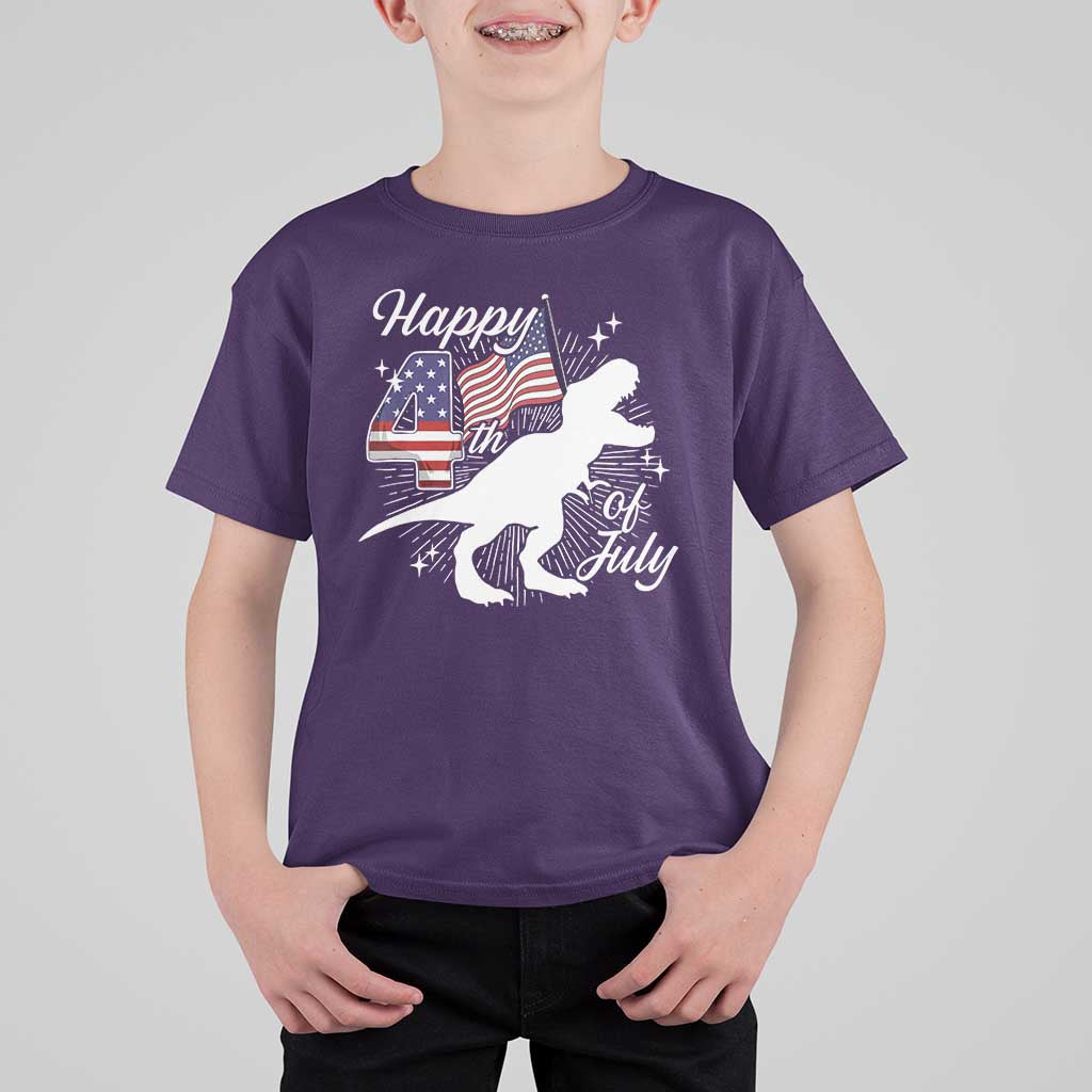 Dinosaur Happy 4th of July T Shirt For Kid Patriotic American Flag USA - Wonder Print Shop
