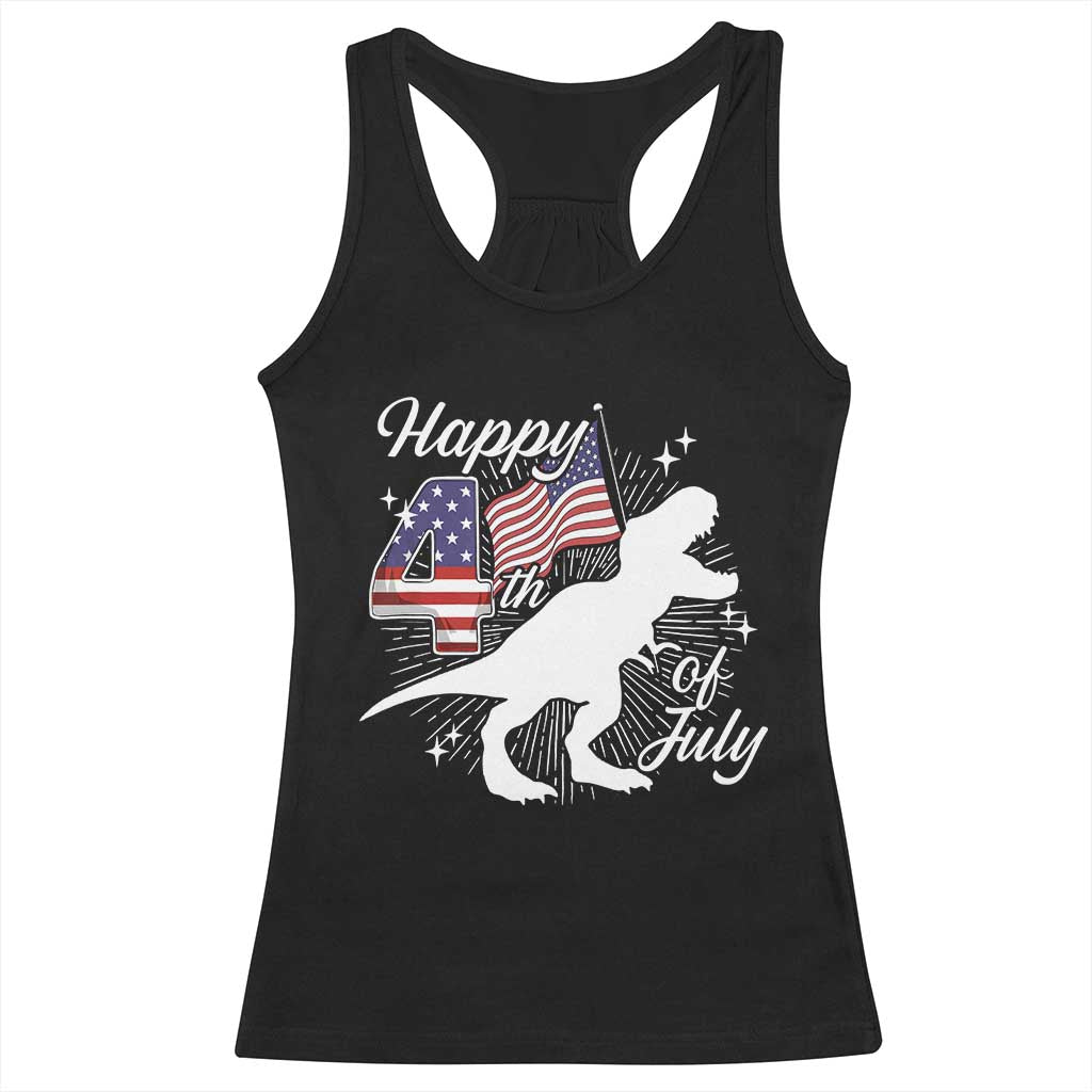 Dinosaur Happy 4th of July Racerback Tank Top Patriotic American Flag USA - Wonder Print Shop