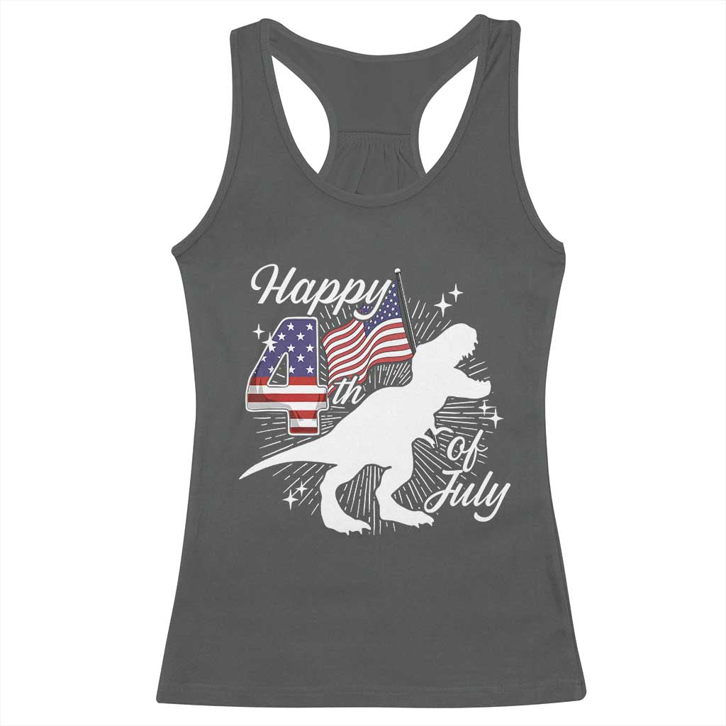 Dinosaur Happy 4th of July Racerback Tank Top Patriotic American Flag USA - Wonder Print Shop