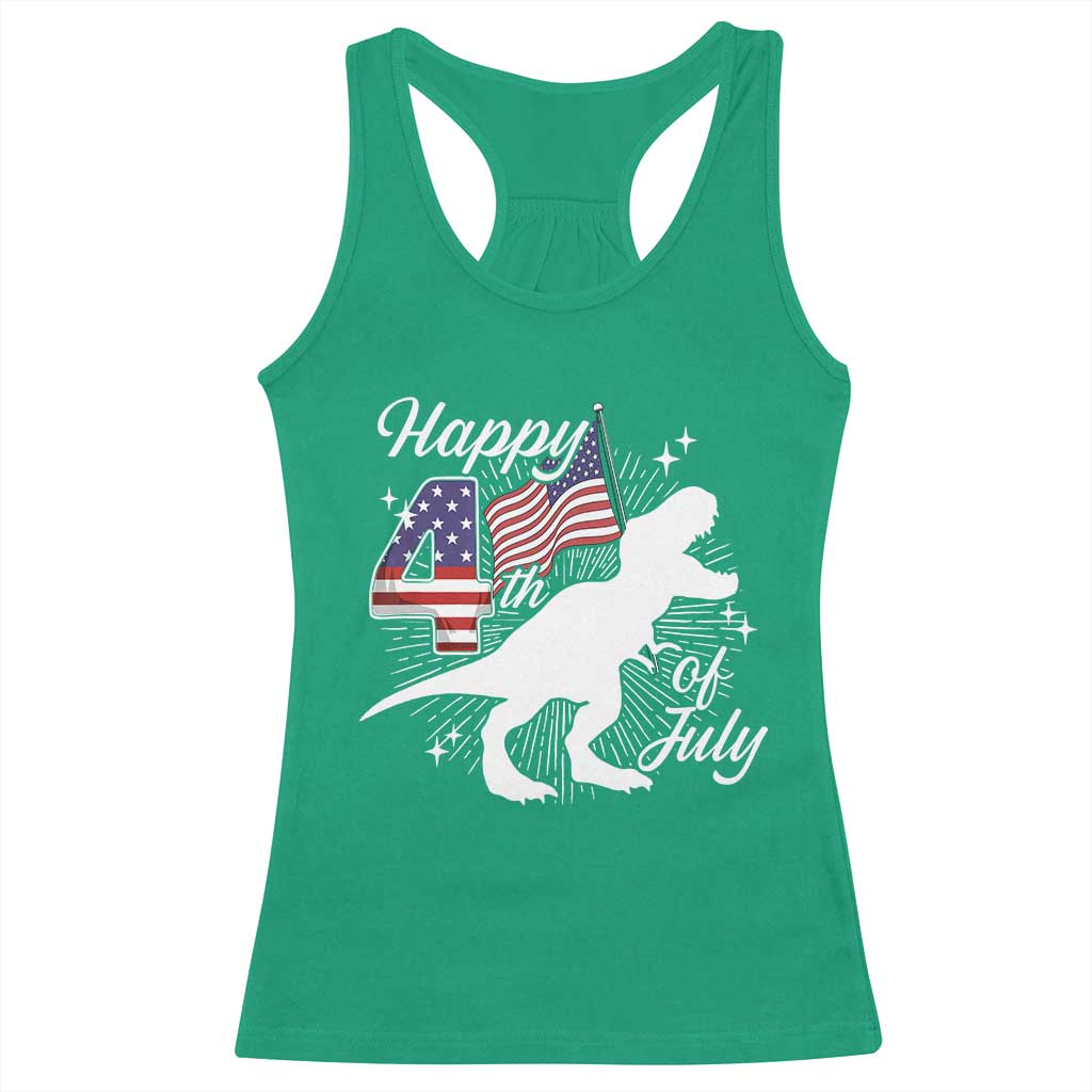Dinosaur Happy 4th of July Racerback Tank Top Patriotic American Flag USA - Wonder Print Shop