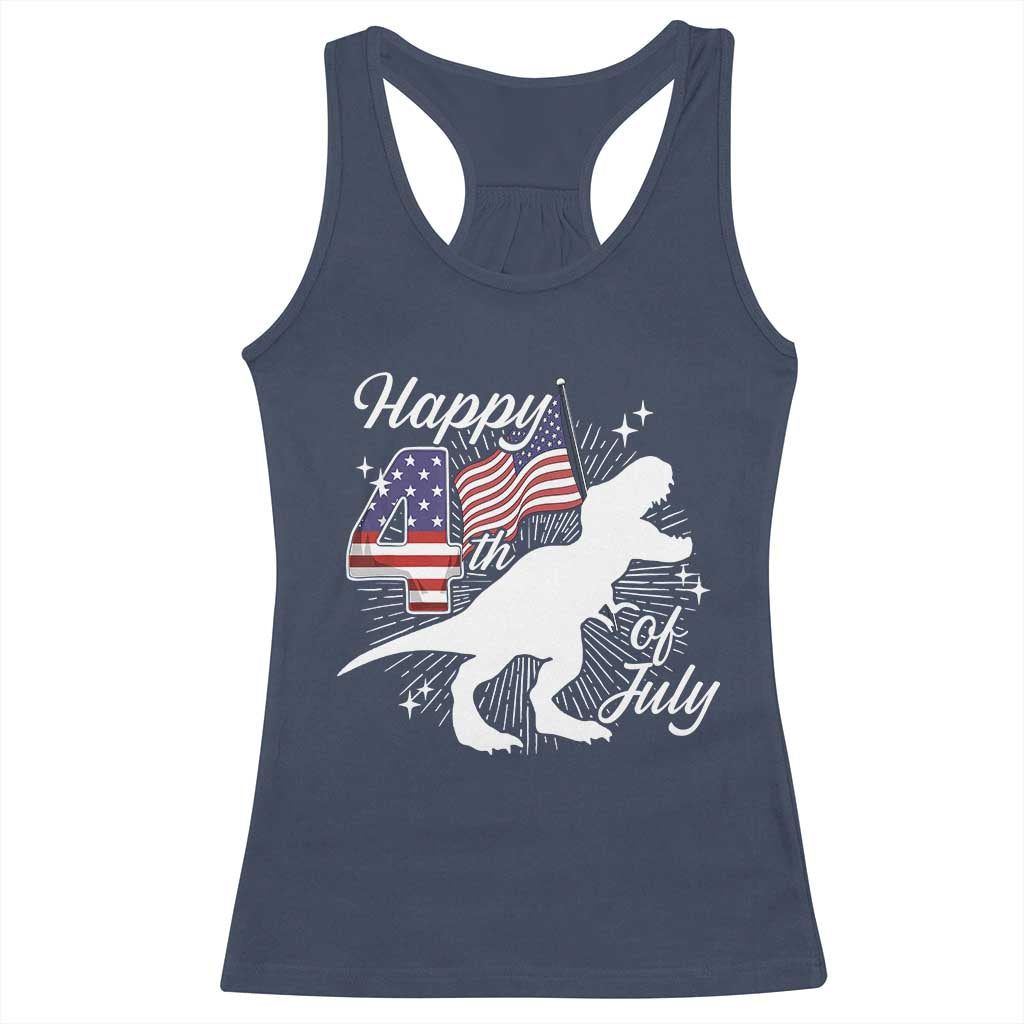 Dinosaur Happy 4th of July Racerback Tank Top Patriotic American Flag USA - Wonder Print Shop