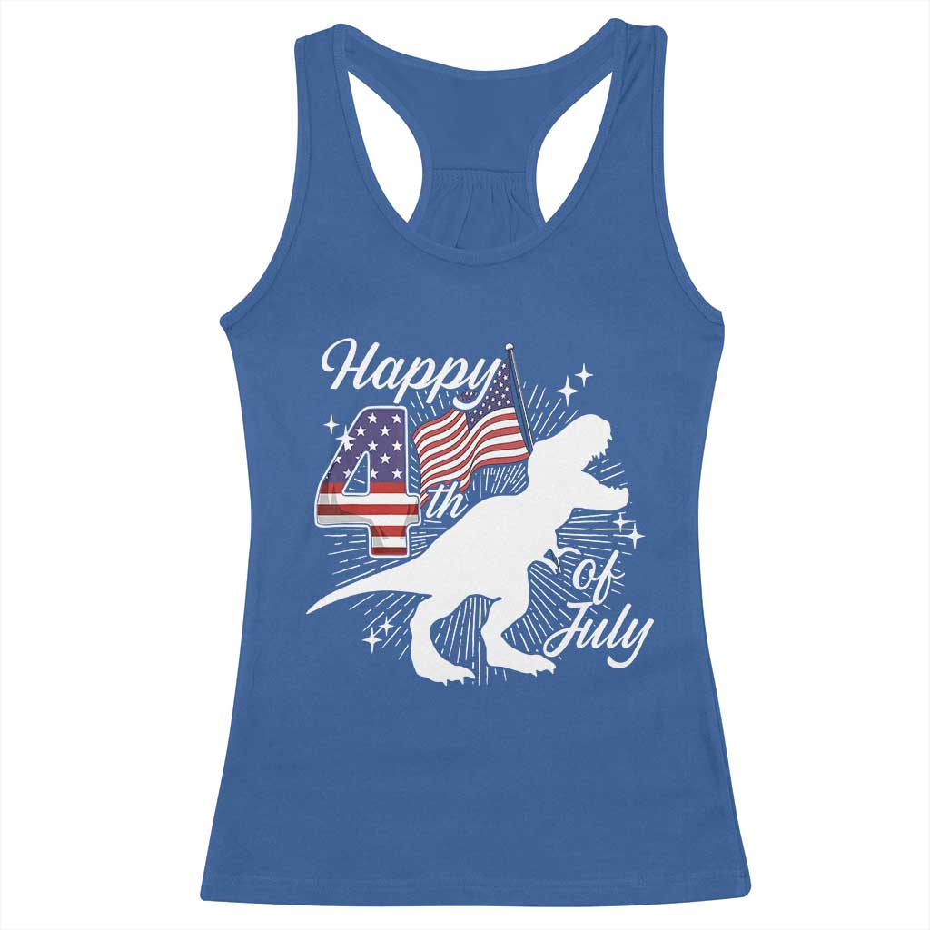 Dinosaur Happy 4th of July Racerback Tank Top Patriotic American Flag USA - Wonder Print Shop