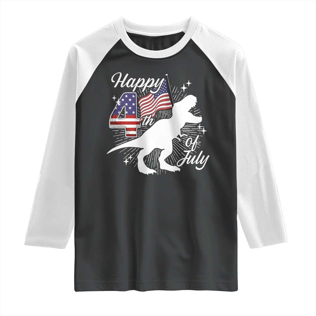 Dinosaur Happy 4th of July Raglan Shirt Patriotic American Flag USA - Wonder Print Shop