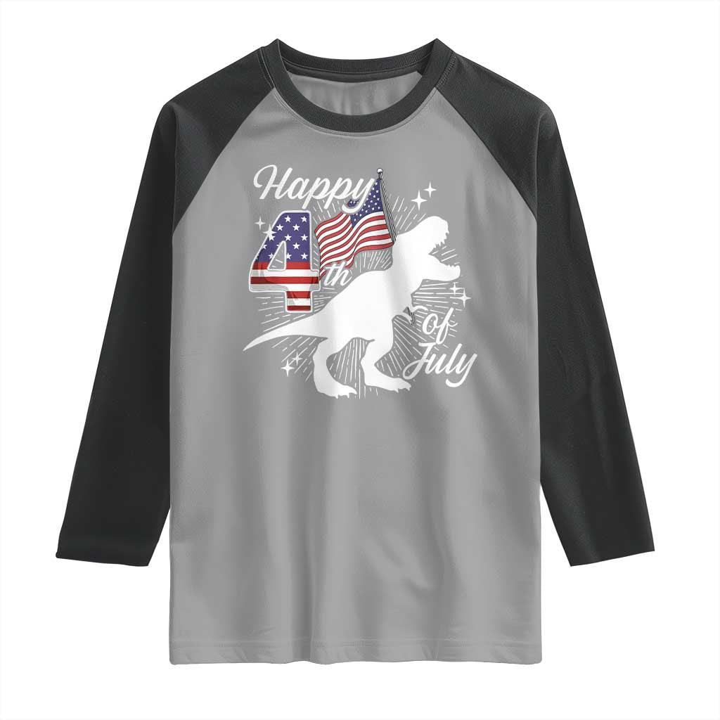 Dinosaur Happy 4th of July Raglan Shirt Patriotic American Flag USA - Wonder Print Shop