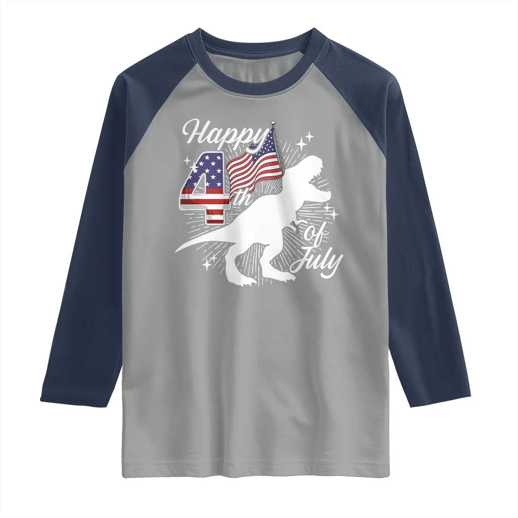 Dinosaur Happy 4th of July Raglan Shirt Patriotic American Flag USA - Wonder Print Shop