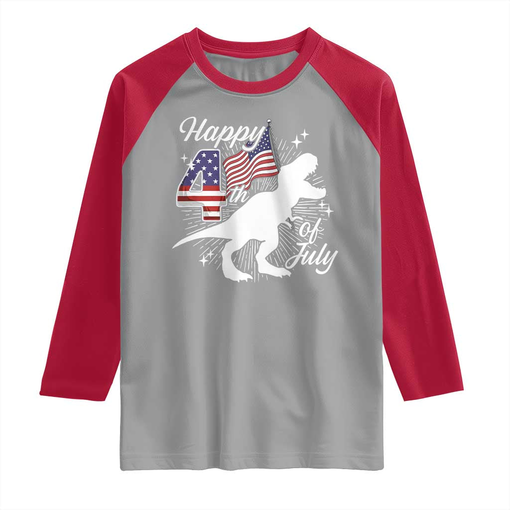 Dinosaur Happy 4th of July Raglan Shirt Patriotic American Flag USA - Wonder Print Shop