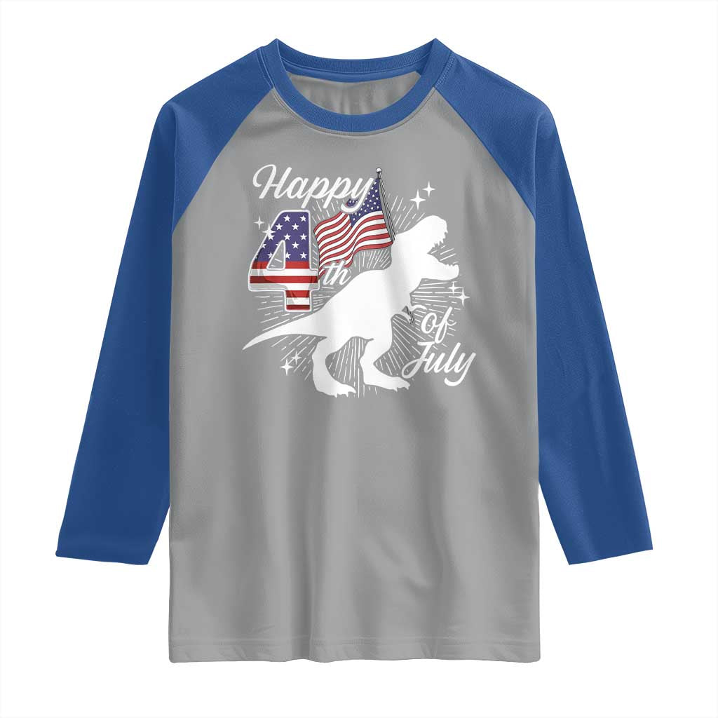 Dinosaur Happy 4th of July Raglan Shirt Patriotic American Flag USA - Wonder Print Shop