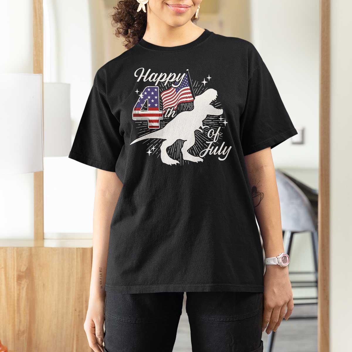 Dinosaur Happy 4th of July T Shirt For Women Patriotic American Flag USA - Wonder Print Shop