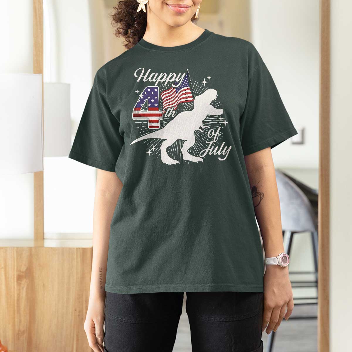 Dinosaur Happy 4th of July T Shirt For Women Patriotic American Flag USA - Wonder Print Shop