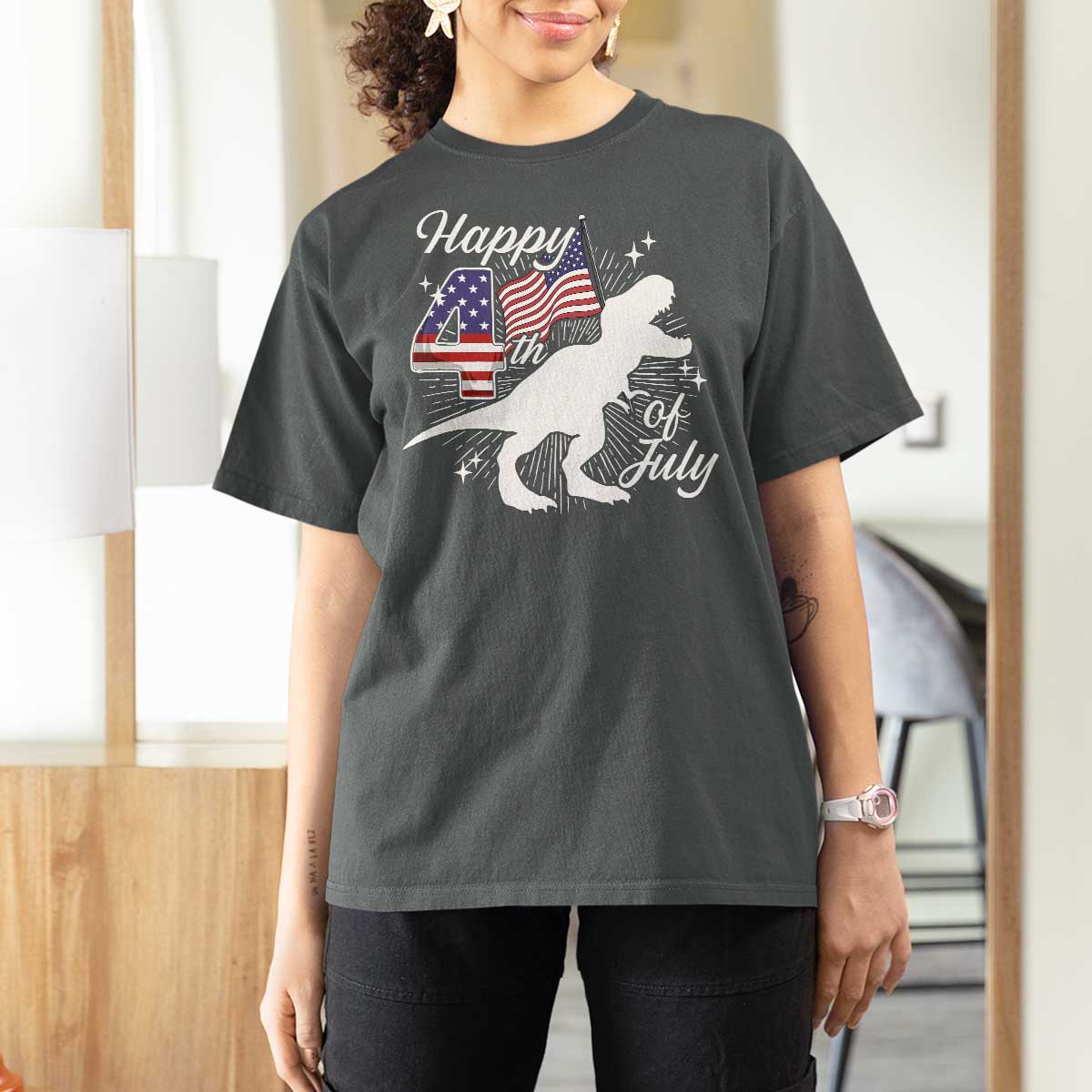 Dinosaur Happy 4th of July T Shirt For Women Patriotic American Flag USA - Wonder Print Shop