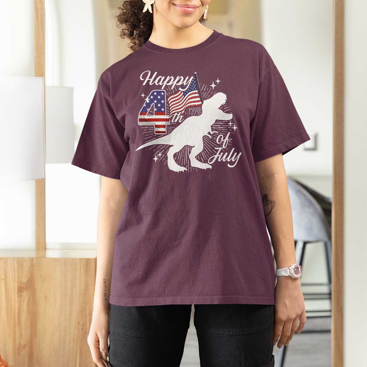 Dinosaur Happy 4th of July T Shirt For Women Patriotic American Flag USA - Wonder Print Shop