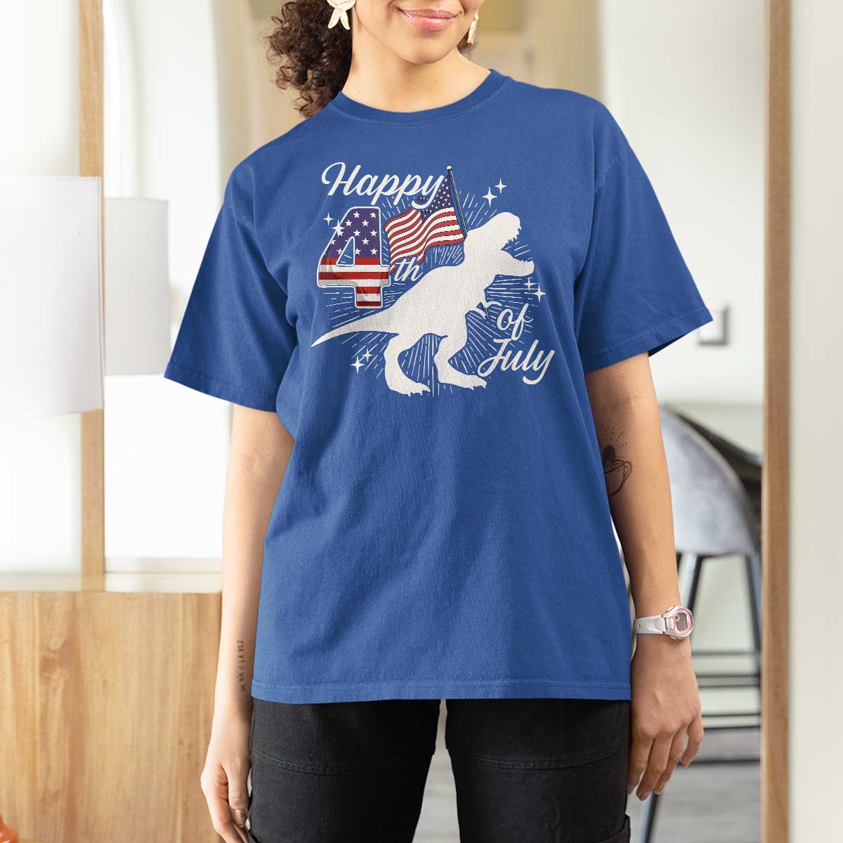 Dinosaur Happy 4th of July T Shirt For Women Patriotic American Flag USA - Wonder Print Shop