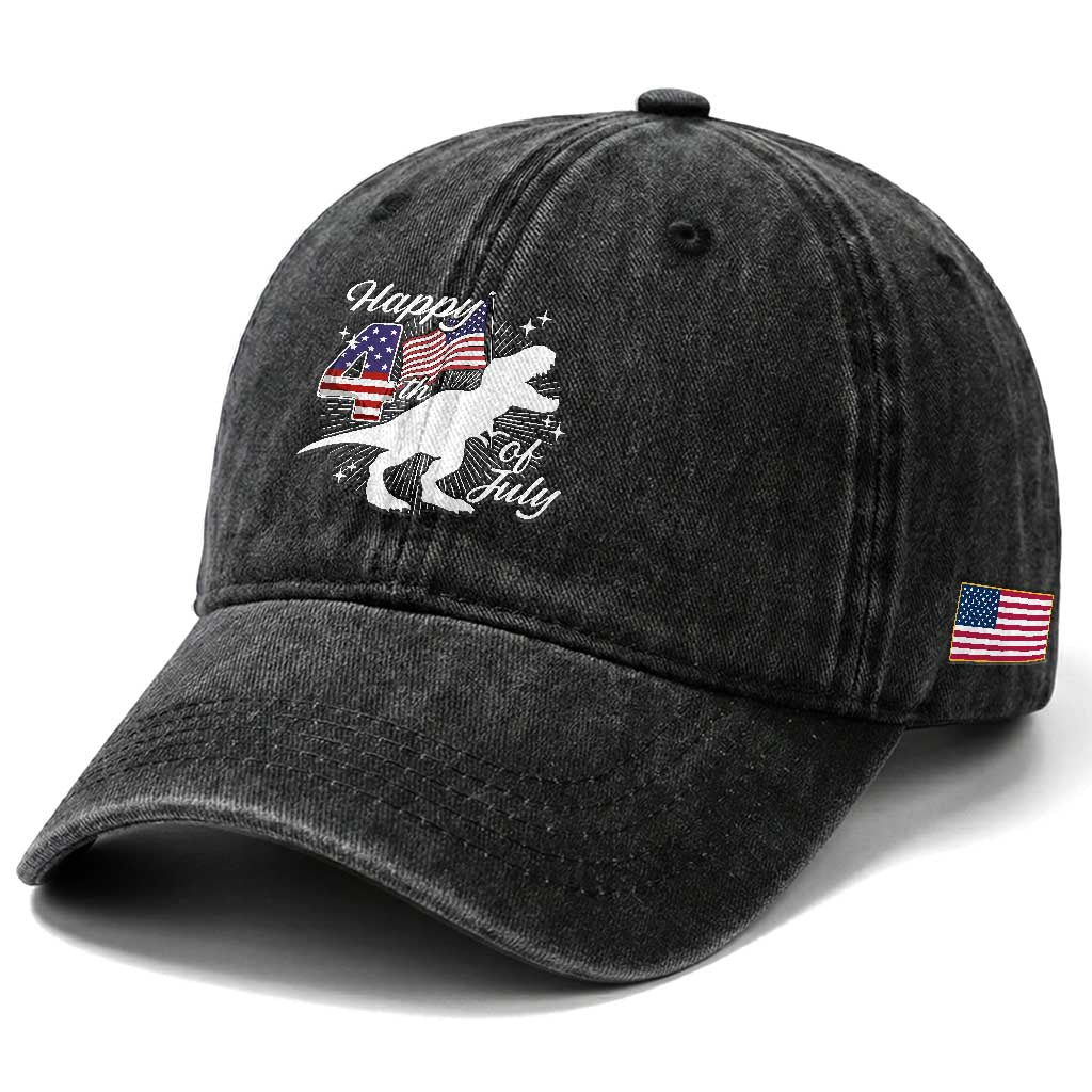 Dinosaur Happy 4th of July Washed Cotton Baseball Cap Patriotic American Flag USA