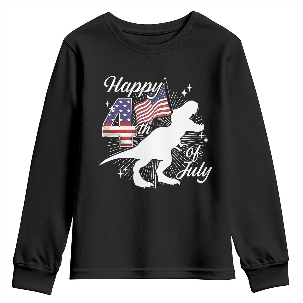Dinosaur Happy 4th of July Youth Sweatshirt Patriotic American Flag USA - Wonder Print Shop
