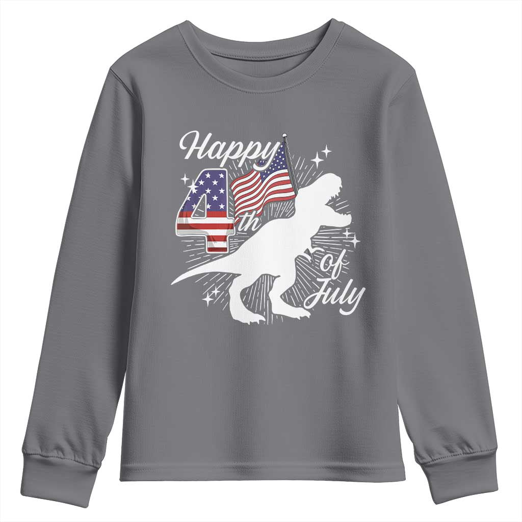 Dinosaur Happy 4th of July Youth Sweatshirt Patriotic American Flag USA - Wonder Print Shop