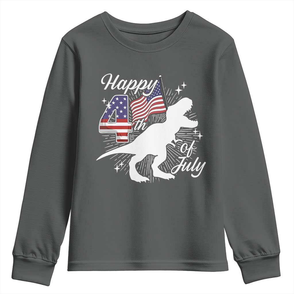 Dinosaur Happy 4th of July Youth Sweatshirt Patriotic American Flag USA - Wonder Print Shop
