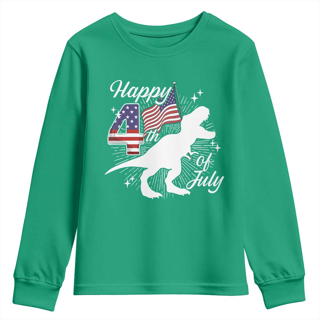 Dinosaur Happy 4th of July Youth Sweatshirt Patriotic American Flag USA - Wonder Print Shop