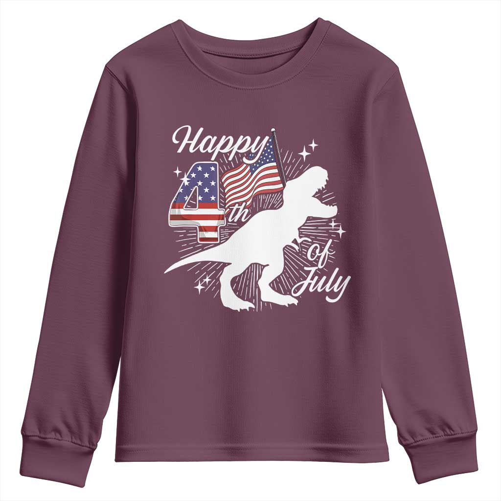 Dinosaur Happy 4th of July Youth Sweatshirt Patriotic American Flag USA - Wonder Print Shop